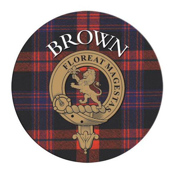 Brown Clan Crest Tartan Cork Round Clan Badge Coasters Set of 4