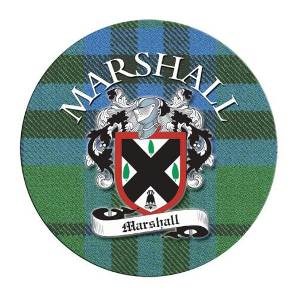 Marshall Coat of Arms Tartan Cork Round Scottish Name Coasters Set of 2