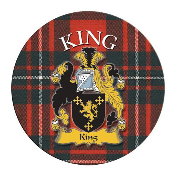 King Coat of Arms Tartan Cork Round Scottish Name Coasters Set of 2