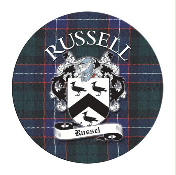 Russell Coat of Arms Tartan Cork Round Scottish Name Coasters Set of 4