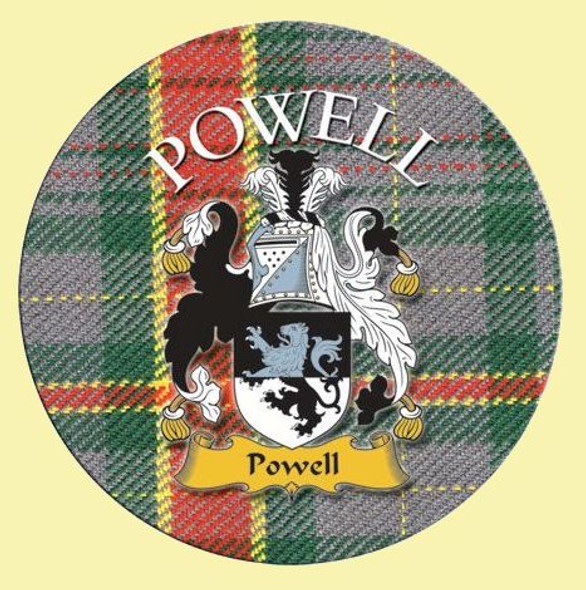 Powell Coat of Arms Tartan Cork Round Name Coasters Set of 4