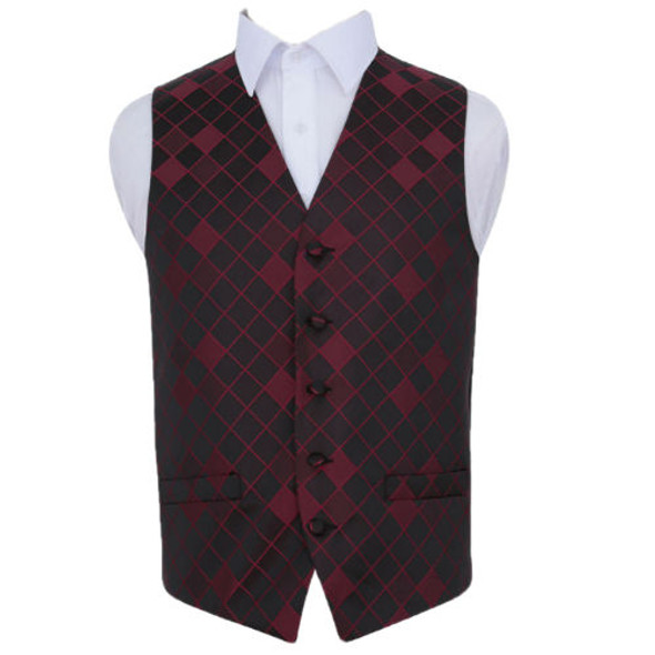 Burgundy Mens Diamond Pattern Microfibre Wedding Vest Waistcoat 