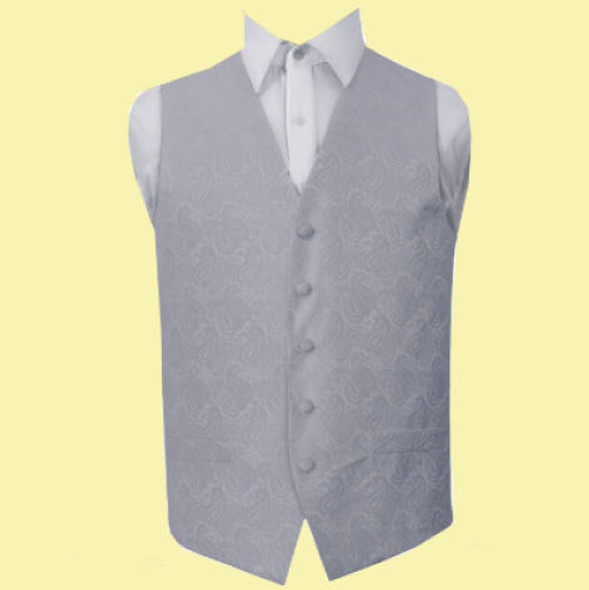 Silver Grey Mens Paisley Pattern Microfibre Wedding Vest Waistcoat 