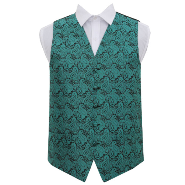 Teal Green Mens Paisley Pattern Microfibre Wedding Vest Waistcoat 