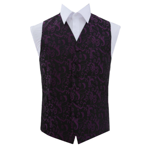 Black And Purple Mens Floral Pattern Microfibre Wedding Vest Waistcoat 