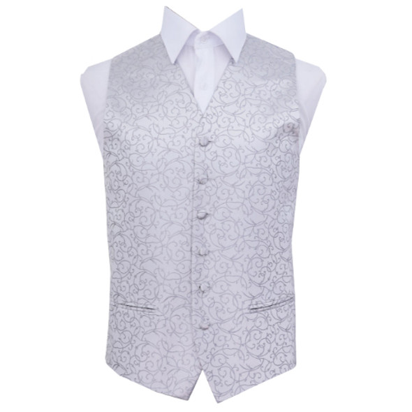 Silver Grey Mens Swirl Pattern Microfibre Wedding Vest Waistcoat 