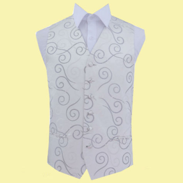 Silver Grey Mens Scroll Pattern Microfibre Wedding Vest Waistcoat 
