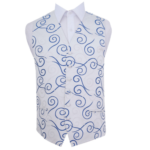 Silver Grey And Royal Blue Mens Scroll Pattern Microfibre Wedding Vest Waistcoat 