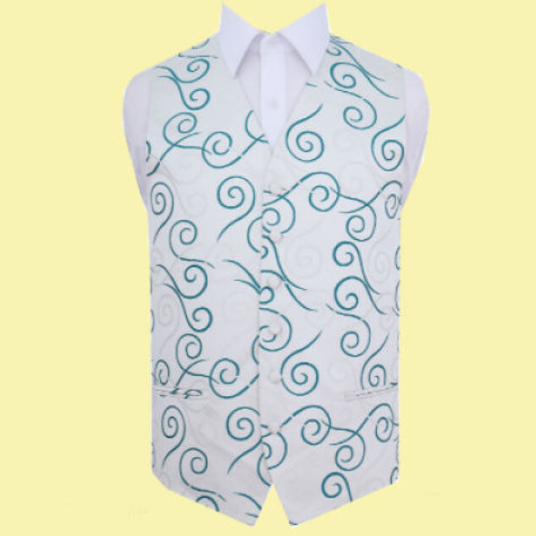 Silver Grey And Teal Green Mens Scroll Pattern Microfibre Wedding Vest Waistcoat 