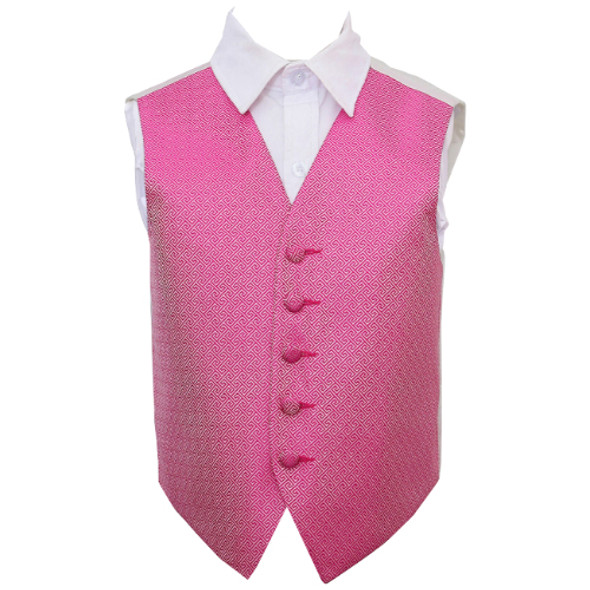 Fuchsia Pink Boys Greek Key Pattern Microfibre Wedding Vest Waistcoat 