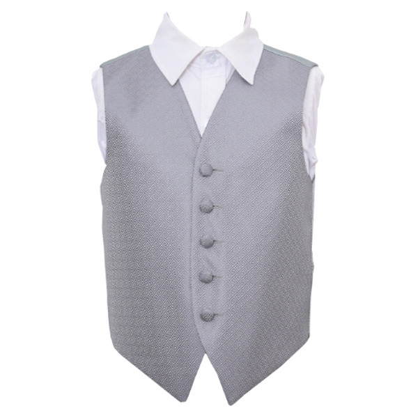 Silver Grey Boys Greek Key Pattern Microfibre Wedding Vest Waistcoat 