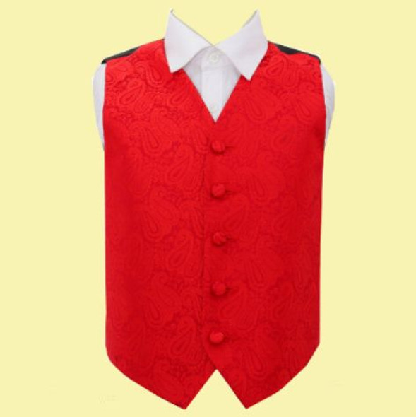 Scarlet Red Boys Paisley Pattern Microfibre Wedding Vest Waistcoat 