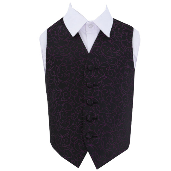 Black And Purple Boys Swirl Pattern Microfibre Wedding Vest Waistcoat 