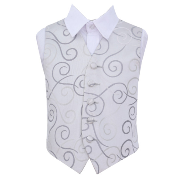 Silver Grey Boys Scroll Pattern Microfibre Wedding Vest Waistcoat 