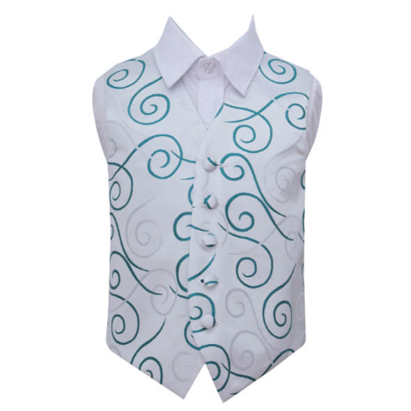 Silver Grey And Teal Green Boys Scroll Pattern Microfibre Wedding Vest Waistcoat 