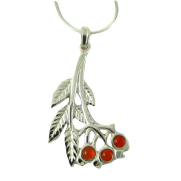 Rowan Tree Leaf Branch Cornelian Beads Sterling Silver Pendant