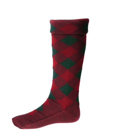 Burgundy Tartan Green Diced Wool Full Length Mens Kilt Hose Highland Socks