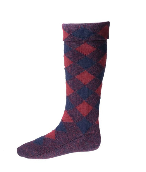 Navy And Burgundy Diced Wool Full Length Mens Kilt Hose Highland Socks