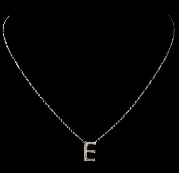 E Initial Letter Monogram Cubic Zirconia Crystal Sterling Silver Necklace 