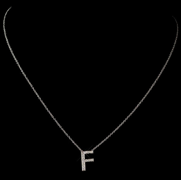 F Initial Letter Monogram Cubic Zirconia Crystal Sterling Silver Necklace 