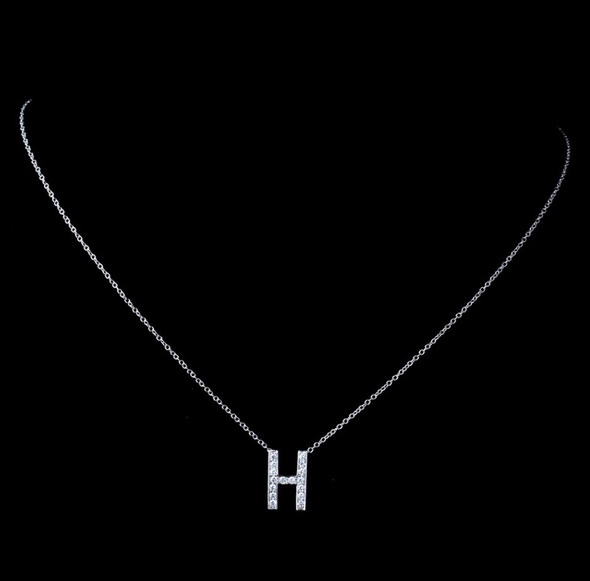 H Initial Letter Monogram Cubic Zirconia Crystal Sterling Silver Necklace 
