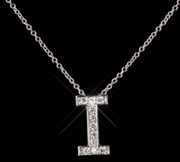 I Initial Letter Monogram Cubic Zirconia Crystal Sterling Silver Necklace 