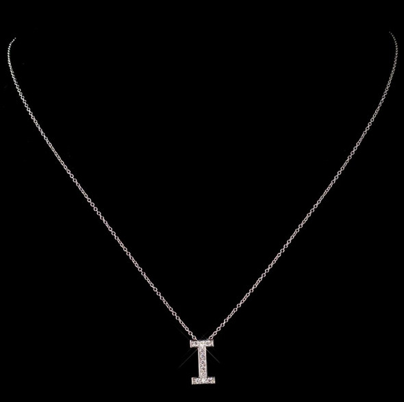 I Initial Letter Monogram Cubic Zirconia Crystal Sterling Silver Necklace 