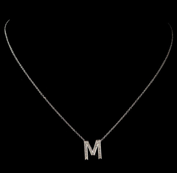 M Initial Letter Monogram Cubic Zirconia Crystal Sterling Silver Necklace 