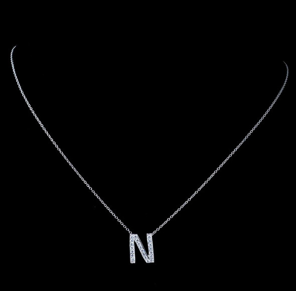 N Initial Letter Monogram Cubic Zirconia Crystal Sterling Silver Necklace 