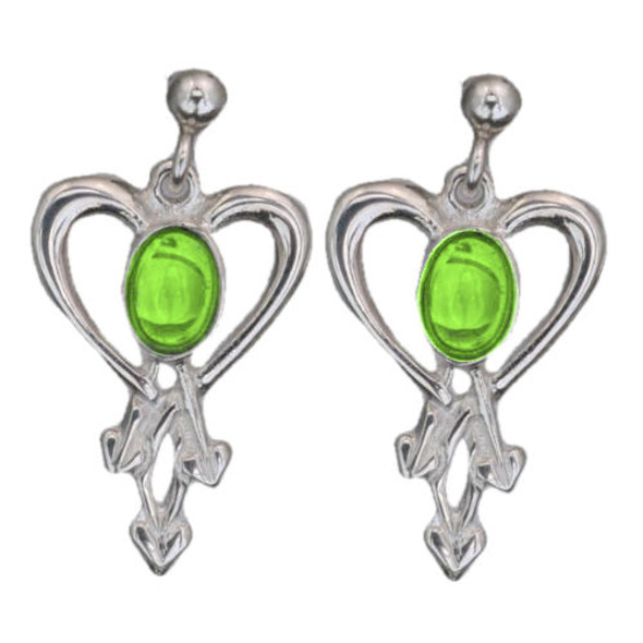 Glasgow Girls Heart Oval Green Peridot Sterling Silver Drop Earrings