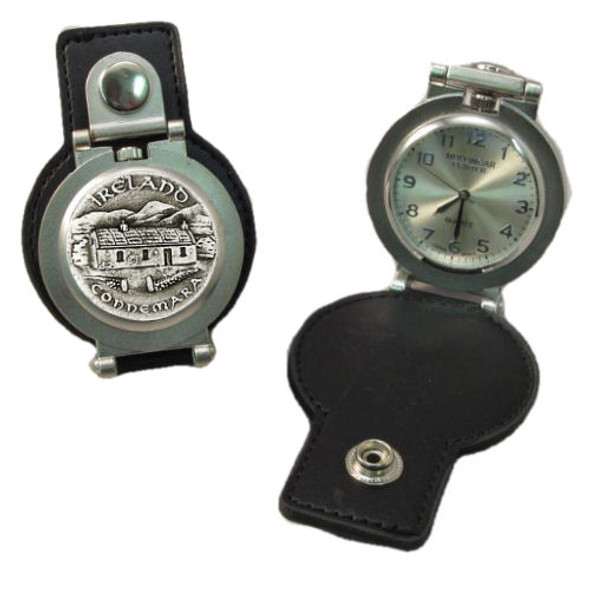 Connemara Ireland Pewter Motif Stainless Steel Leather Belt Pocket Watch