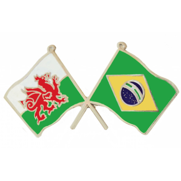 Wales Brazil Crossed Country Flags Friendship Enamel Lapel Pin Set x 3