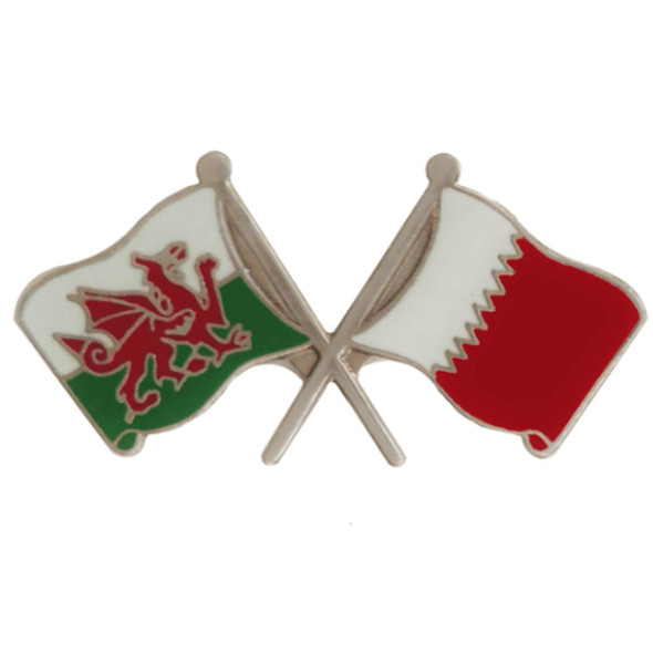 Wales Qatar Crossed Country Flags Friendship Enamel Lapel Pin Set x 3