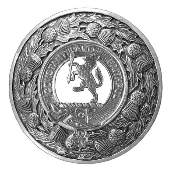 MacQueen Clan Crest Thistle Round Sterling Silver Clan Badge Plaid Brooch