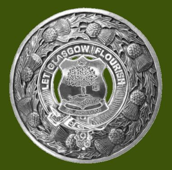 City Of Glasgow Crest Thistle Round Stylish Pewter Badge Plaid Brooch