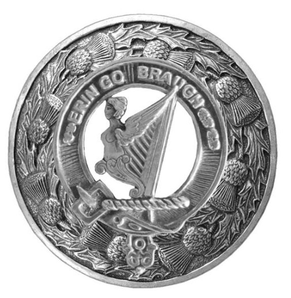 Irish Harp Crest Thistle Round Sterling Silver Badge Plaid Brooch