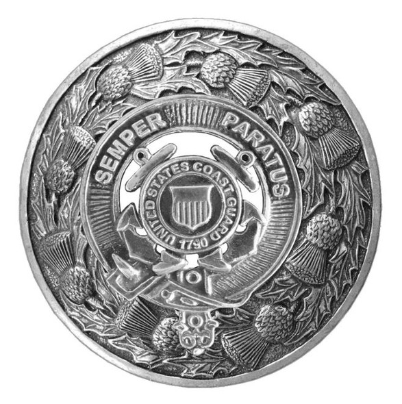 United States Coast Guard Thistle Round Stylish Pewter Badge Plaid Brooch