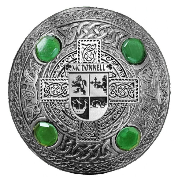 McDonnell Irish Coat Of Arms Celtic Round Green Stones Pewter Plaid Brooch