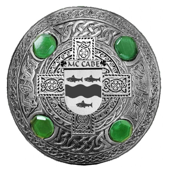 McCabe Irish Coat Of Arms Celtic Round Green Stones Pewter Plaid Brooch