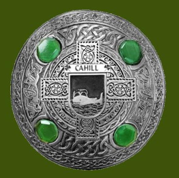 Cahill Irish Coat Of Arms Celtic Round Green Stones Pewter Plaid Brooch