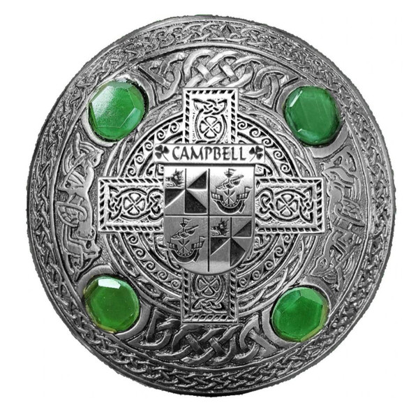 Campbell Irish Coat Of Arms Celtic Round Green Stones Pewter Plaid Brooch