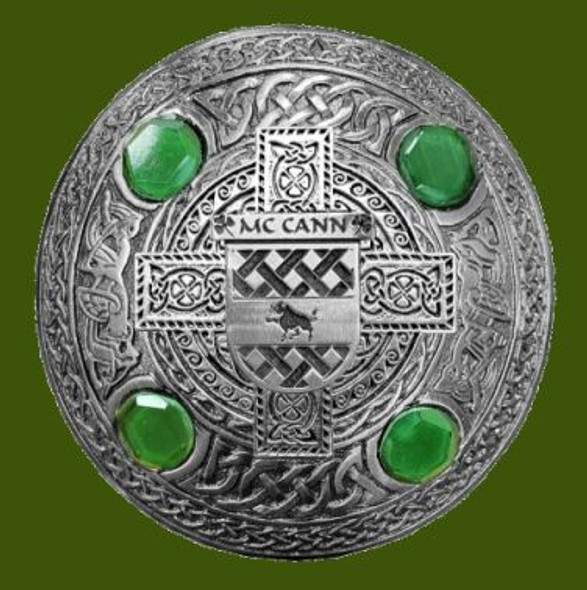 McCann Irish Coat Of Arms Celtic Round Green Stones Pewter Plaid Brooch