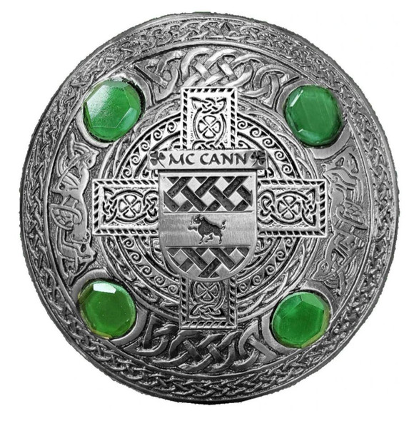 McCann Irish Coat Of Arms Celtic Round Green Stones Pewter Plaid Brooch