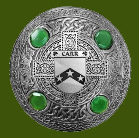 Carr Irish Coat Of Arms Celtic Round Green Stones Pewter Plaid Brooch