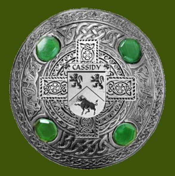 Cassidy Irish Coat Of Arms Celtic Round Green Stones Pewter Plaid Brooch