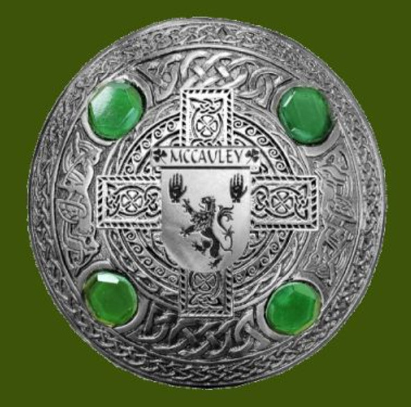 McCauley Irish Coat Of Arms Celtic Round Green Stones Pewter Plaid Brooch