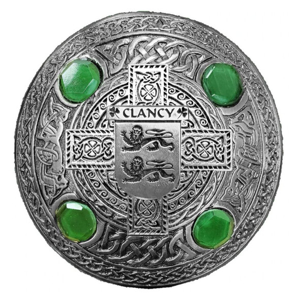 Clancy Irish Coat Of Arms Celtic Round Green Stones Pewter Plaid Brooch