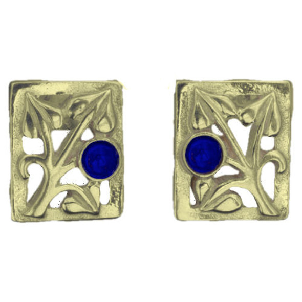 Glasgow Girls Art Nouveau Square Motif Lapis Lazuli 9K Yellow Gold Stud Earrings