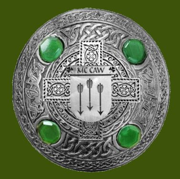 McCaw Irish Coat Of Arms Celtic Round Green Stones Pewter Plaid Brooch