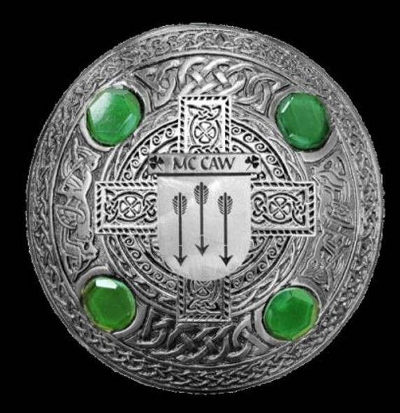 McCaw Irish Coat Of Arms Celtic Round Green Stones Silver Plaid Brooch